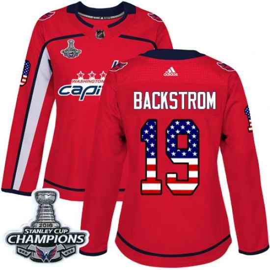 Adidas Capitals #19 Nicklas Backstrom Red Home Authentic USA Flag Stanley Cup Final Champions Womens Stitched NHL Jersey